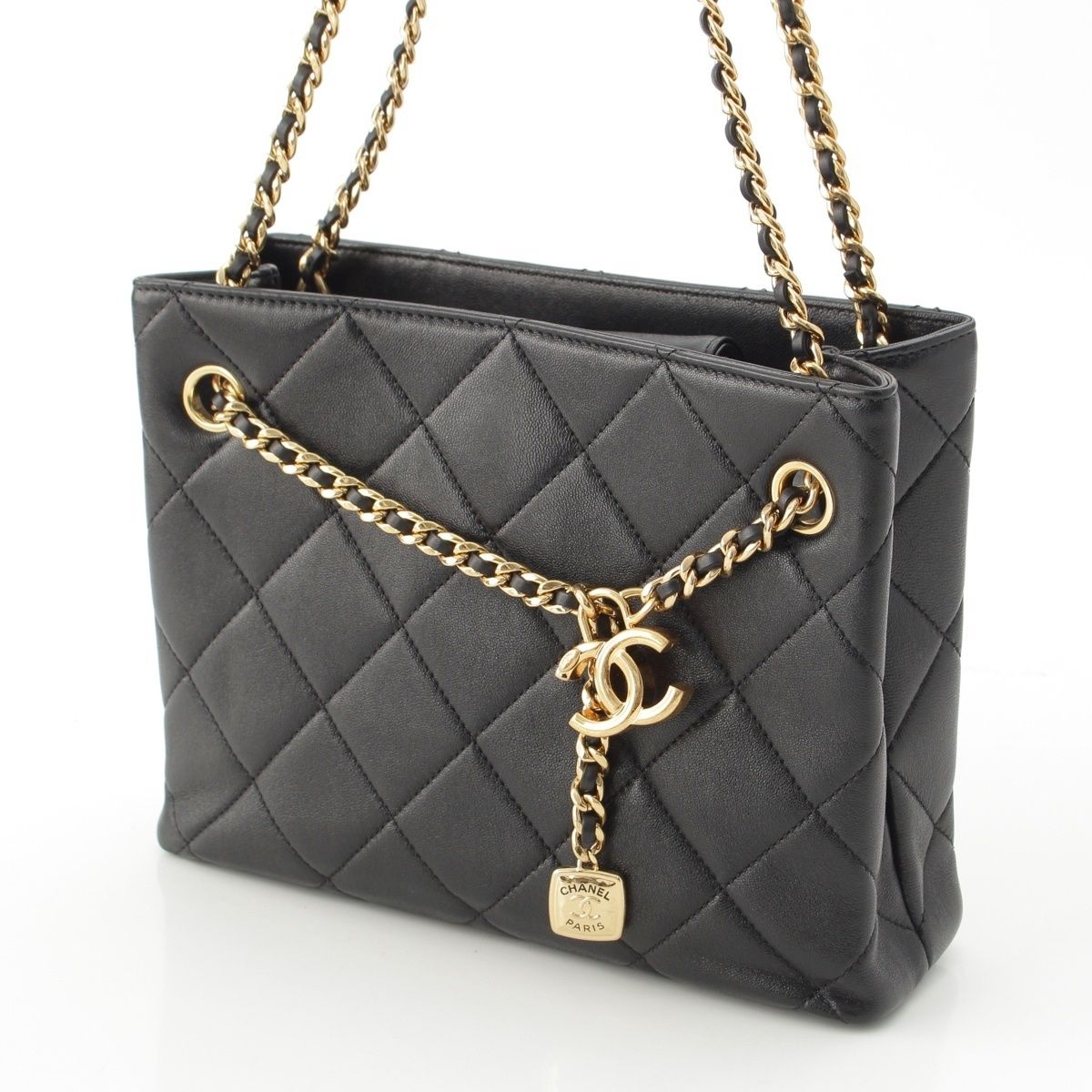 Chanel Quilted Lambskin Shiny CC Logo Shopping Shoulder Bag Black Small — view 3
