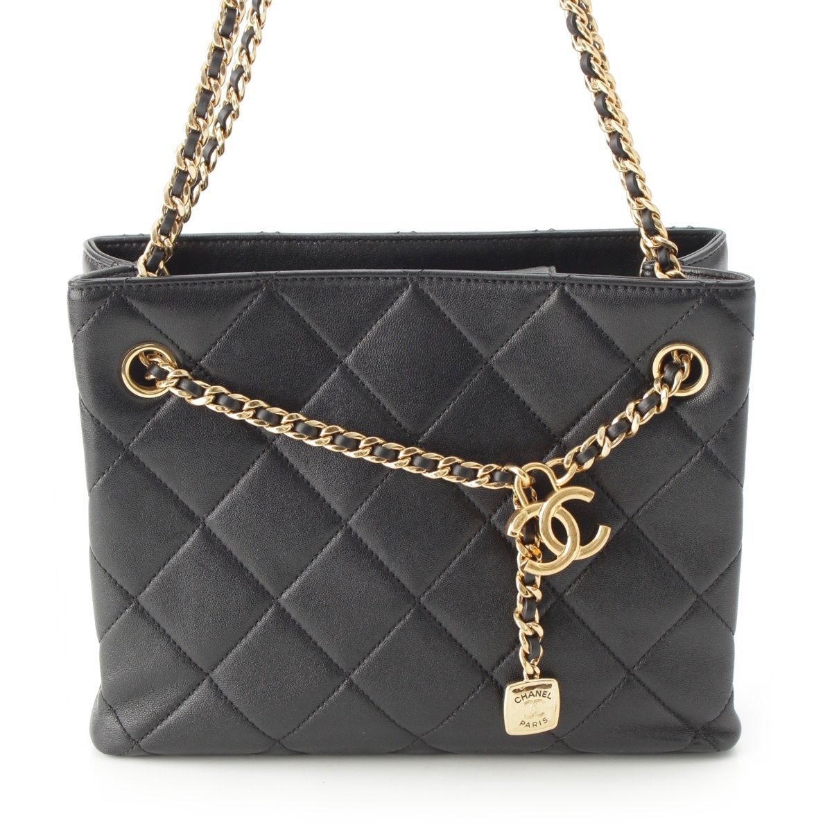 Chanel Quilted Lambskin Shiny CC Logo Shopping Shoulder Bag Black Small — view 2