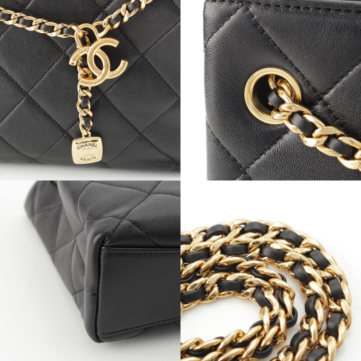 Chanel Quilted Lambskin Shiny CC Logo Shopping Shoulder Bag Black Small — view 9