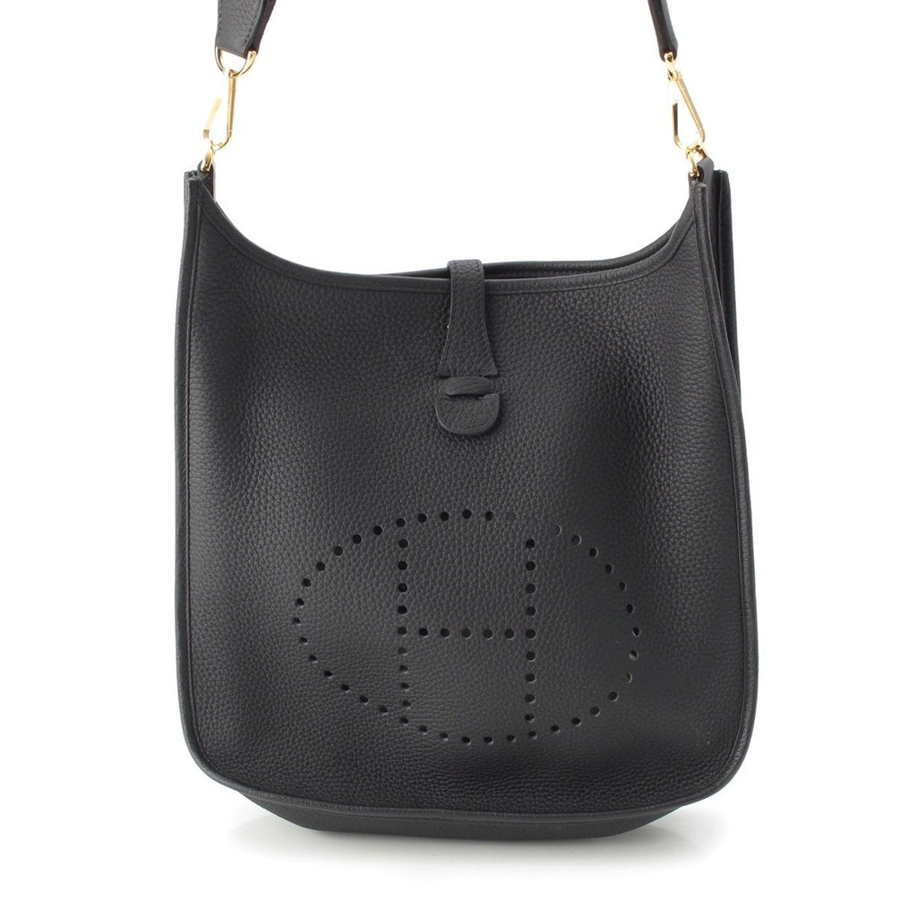 Hermes Taurillon Clemence Evelyne Trois Logo Shoulder Bag Black Gold PM