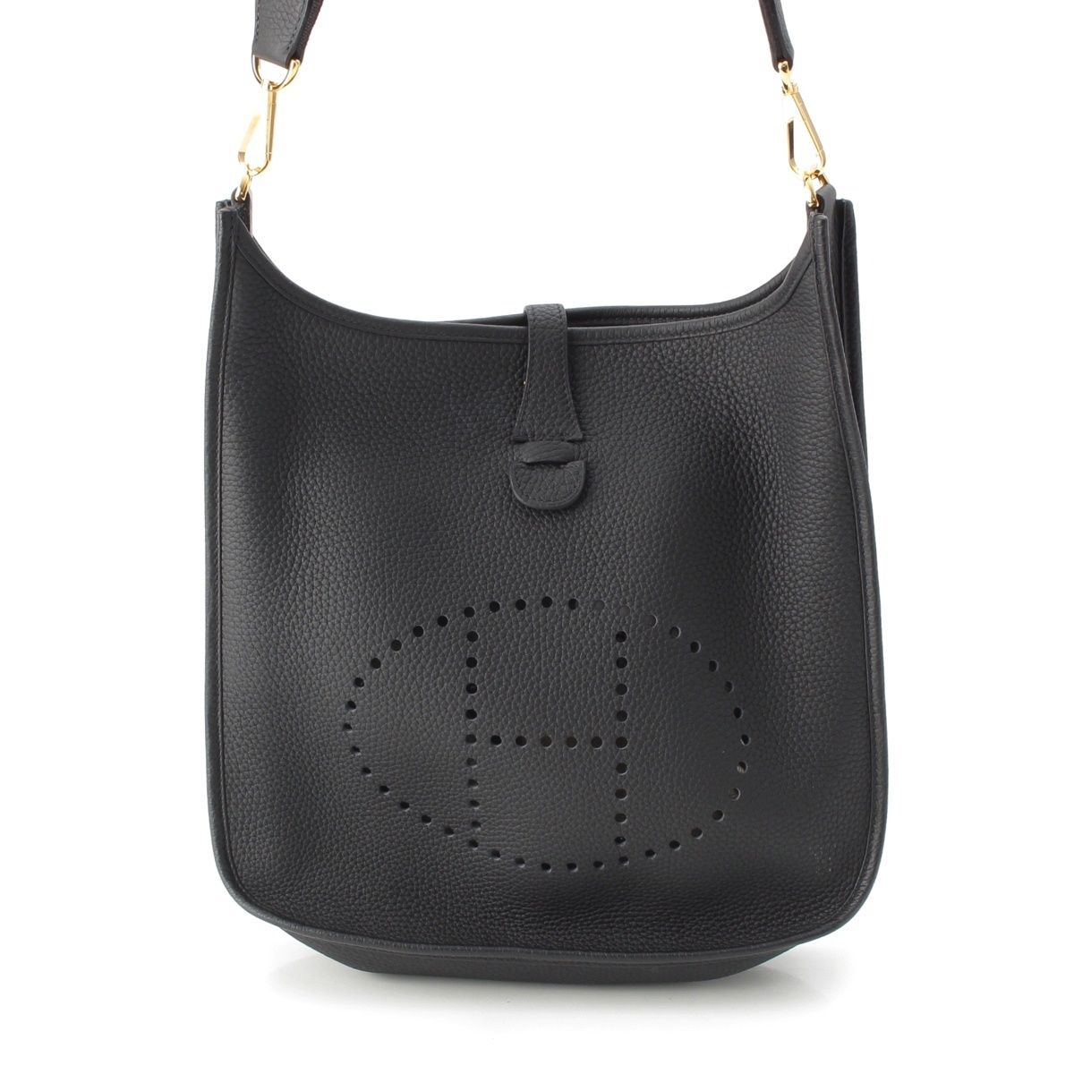 Hermes Taurillon Clemence Evelyne Trois Logo Shoulder Bag Black Gold PM
