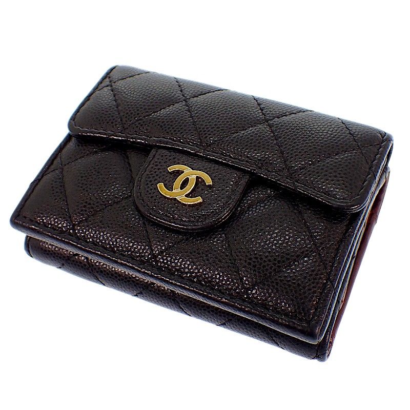 Chanel Classic Small Flap Wallet Trifold Caviar Leather Black Gold