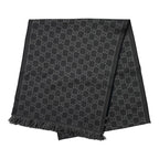 Gucci Shawl GG Pattern Scarf Wool Logo Gray Black
