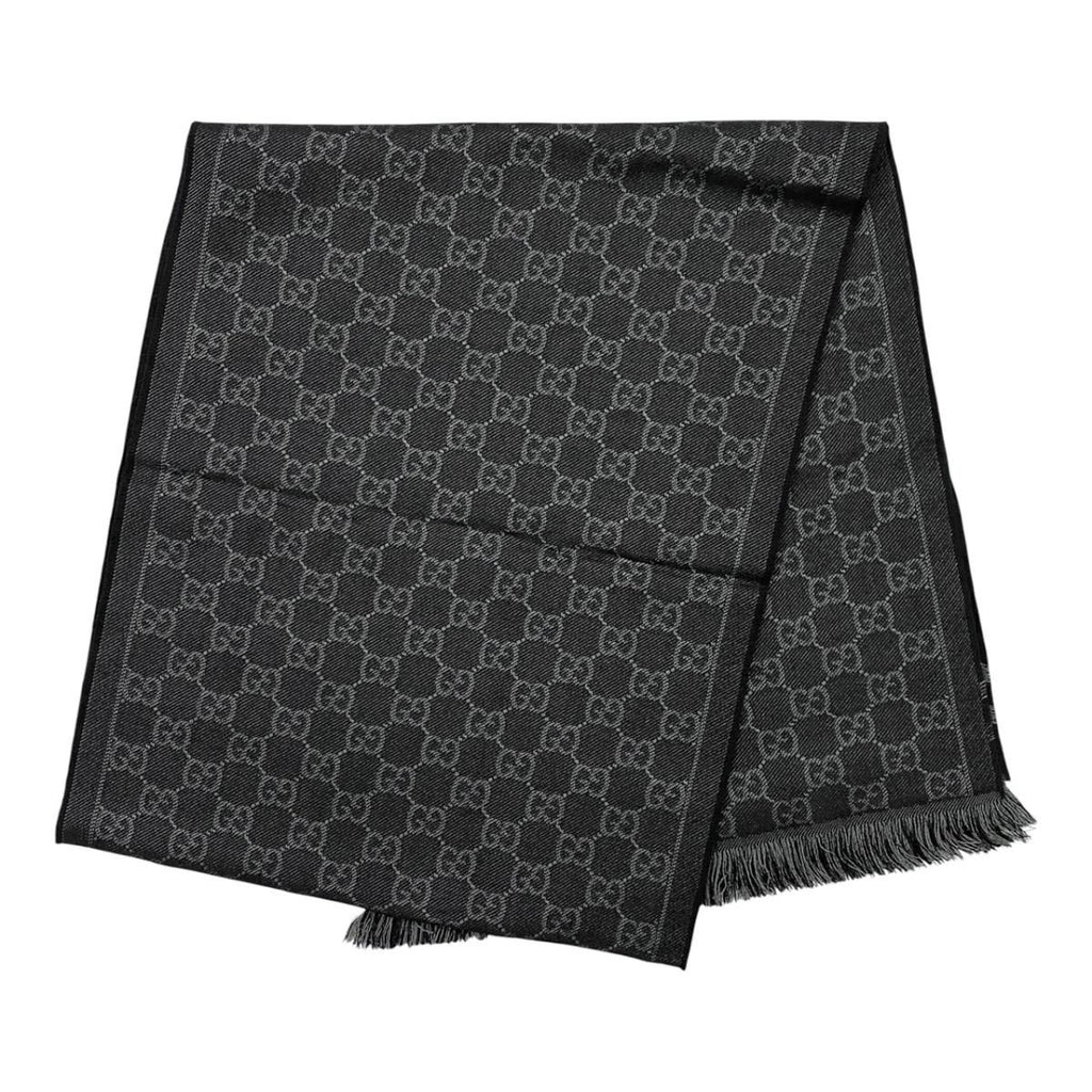 Gucci Shawl GG Pattern Scarf Wool Logo Gray Black — view 2