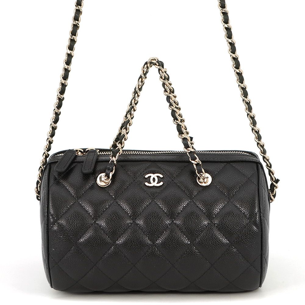 Chanel Quilted CC Logo Caviar Leather Mini Boston 2-Way Shoulder Bag Black
