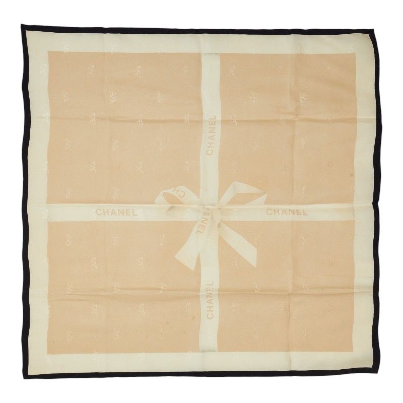Chanel Logo Ribbon Scarf Beige Silk
