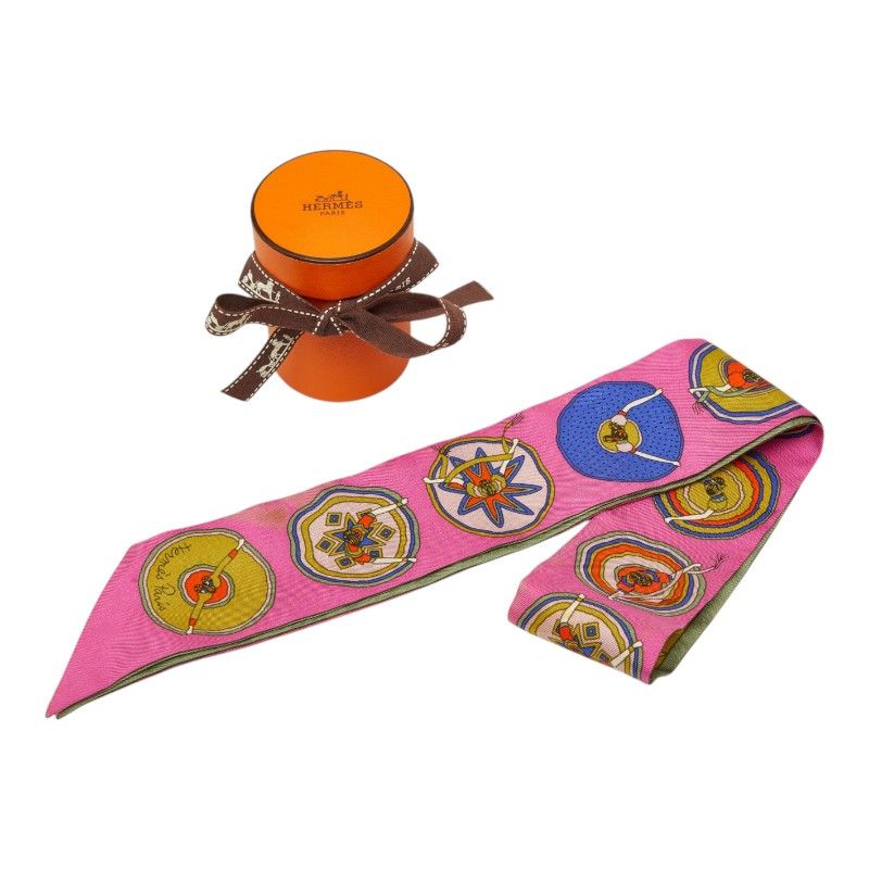 Hermes Twilly Belles du Mexique Scarf Pink Multicolor Silk — view 6