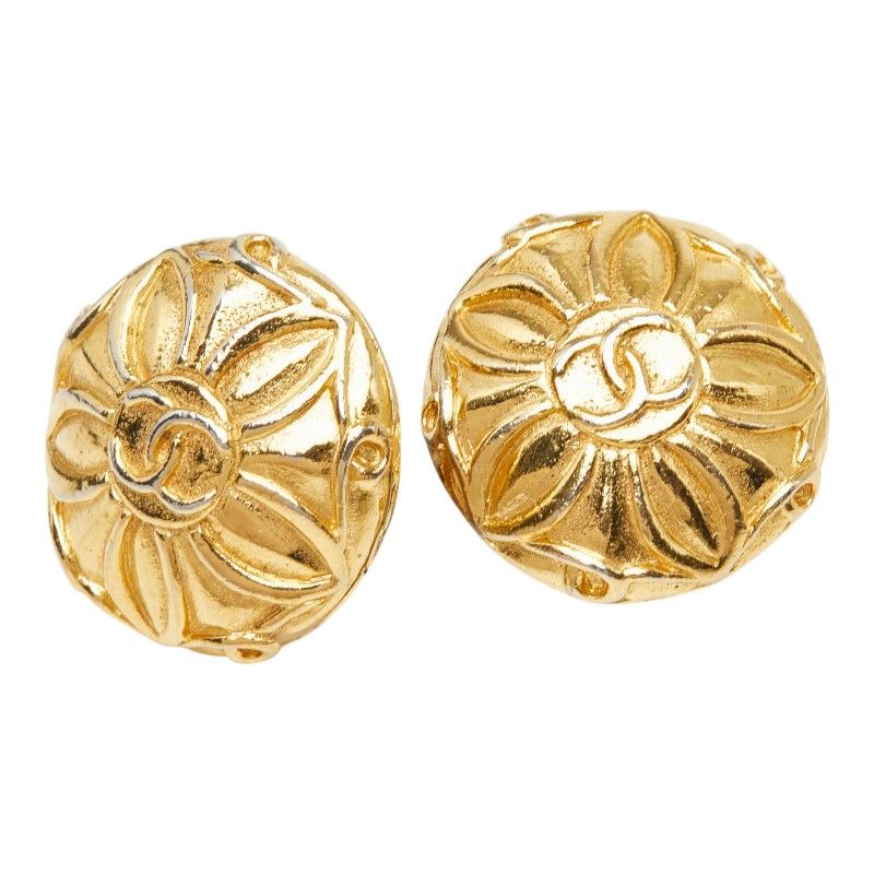 Chanel CC Logo Flower Motif Earrings Gold Plated