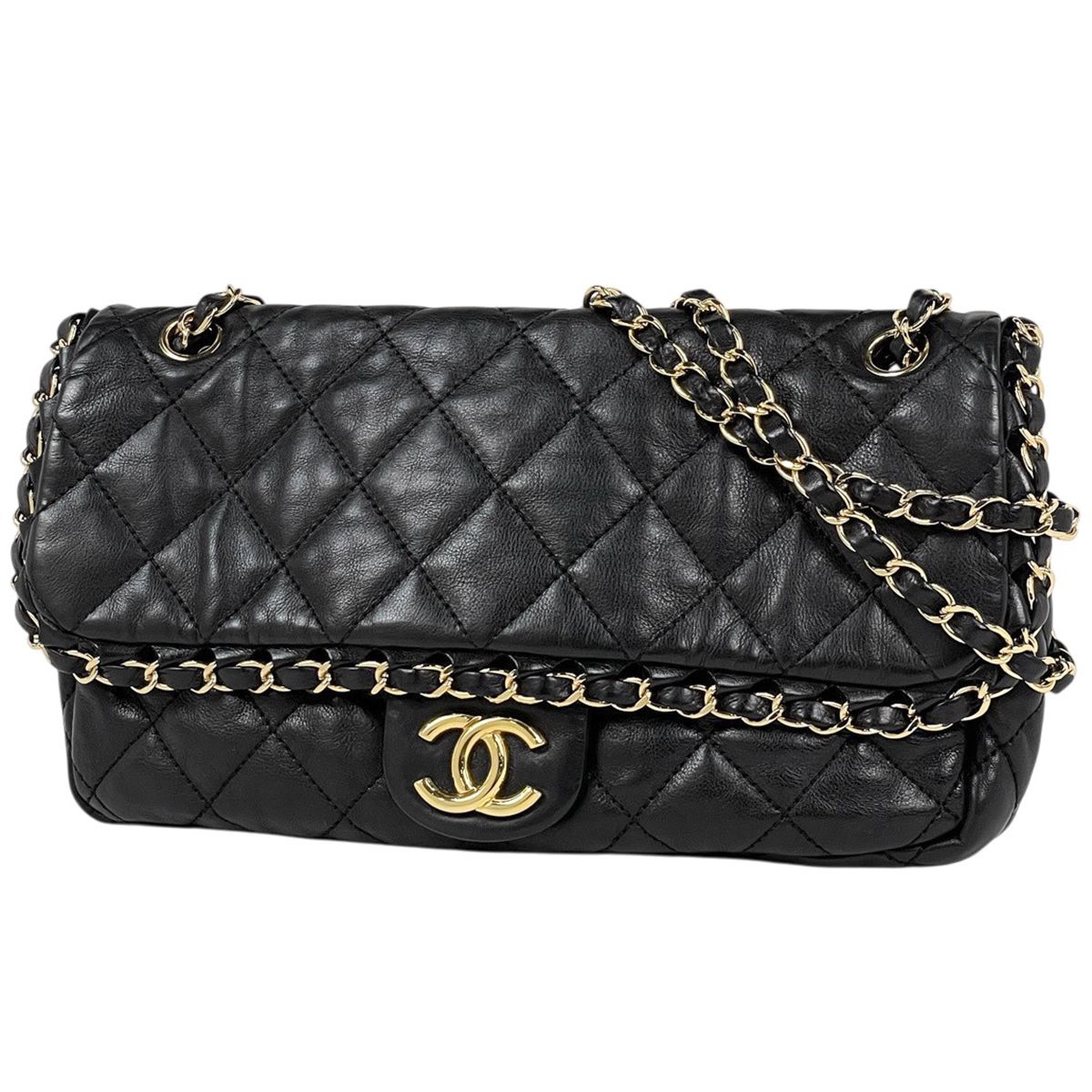 Chanel Chain Shoulder Bag CC Logo Leather Black