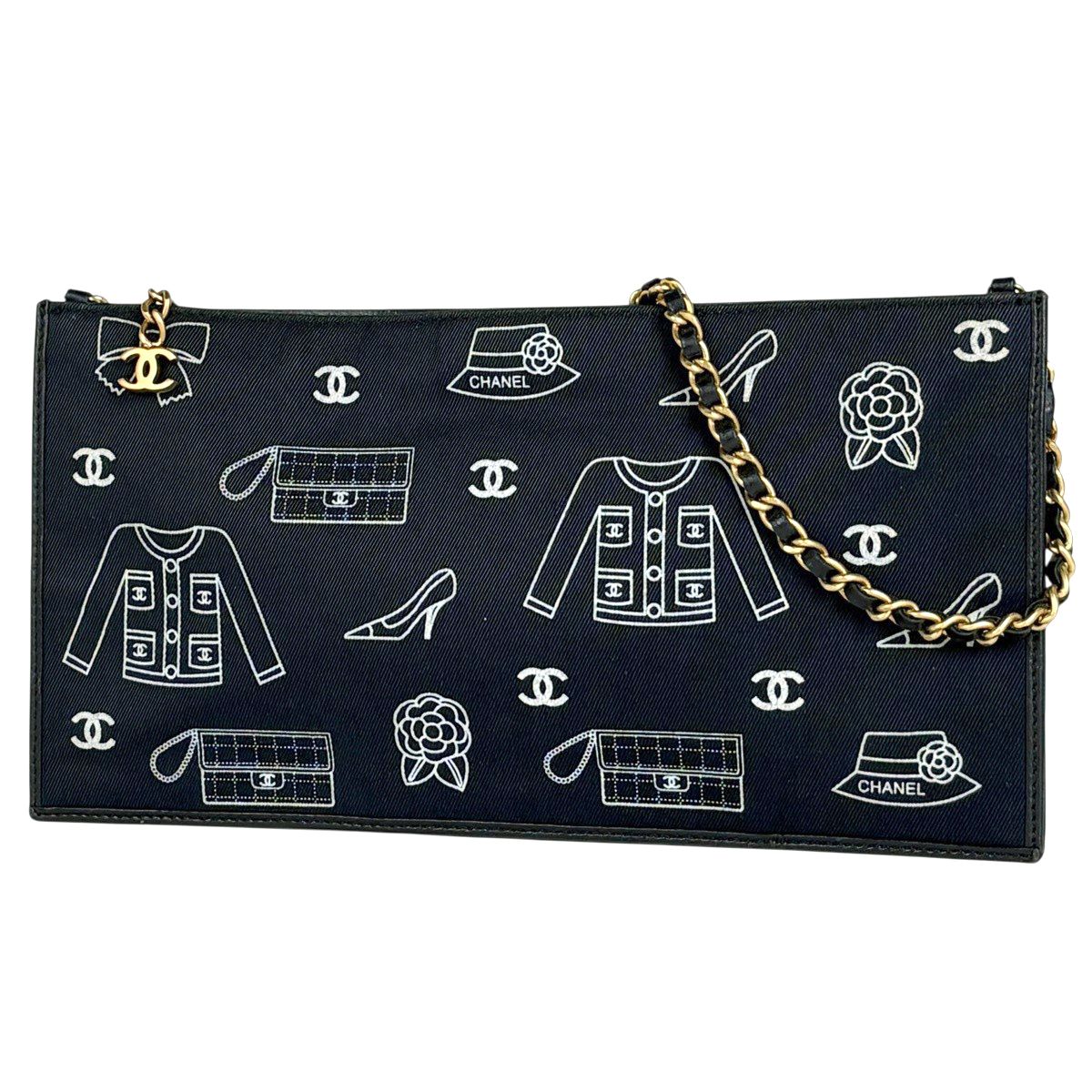 Chanel CC Logo Chain Shoulder Bag Pouch Icon Print Canvas Black