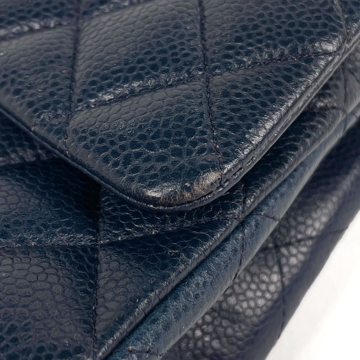 Chanel Quilted Double Flap Chain Shoulder Bag CC Logo Caviar Leather Navy — view 4