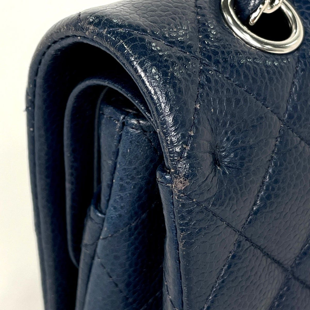 Chanel Quilted Double Flap Chain Shoulder Bag CC Logo Caviar Leather Navy — view 5