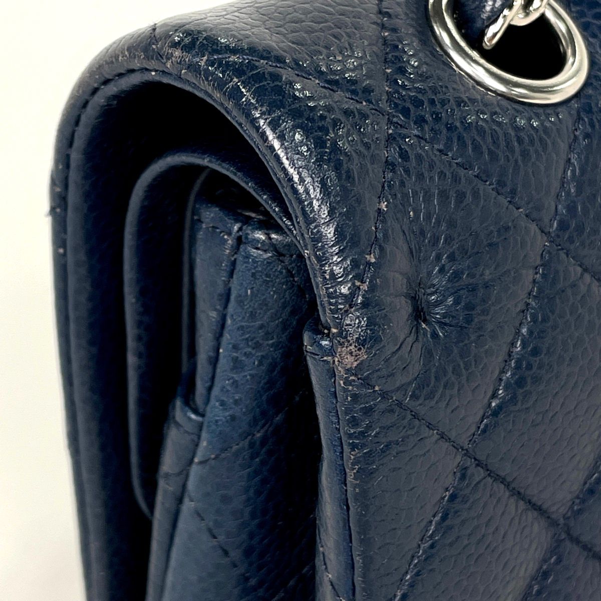 Chanel Quilted Double Flap Chain Shoulder Bag CC Logo Caviar Leather Navy — view 5