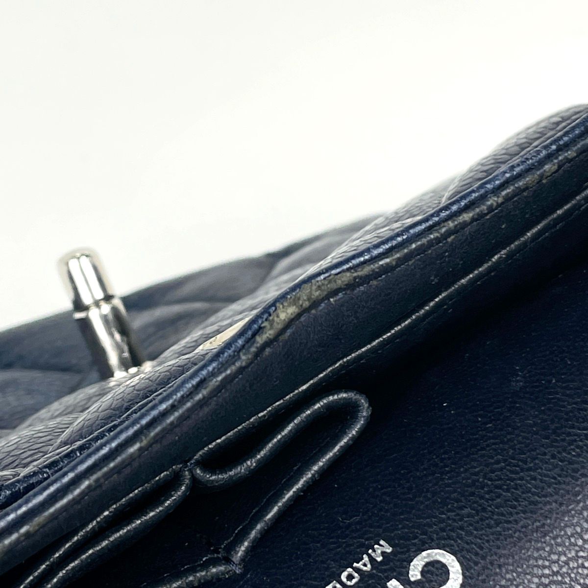 Chanel Quilted Double Flap Chain Shoulder Bag CC Logo Caviar Leather Navy — view 9