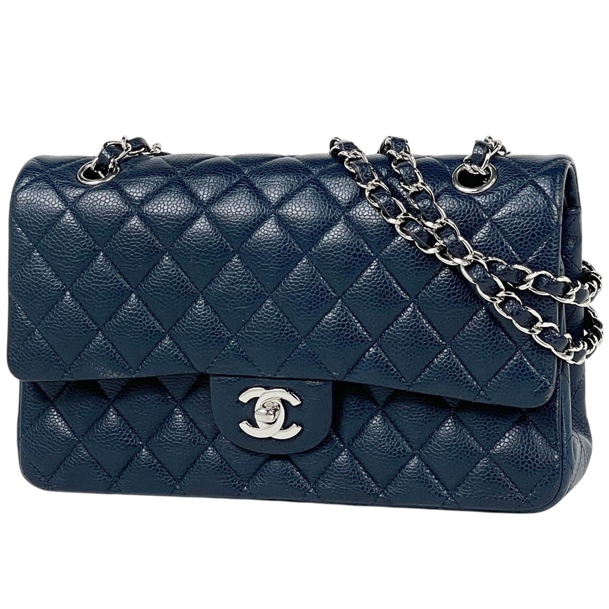 Chanel Quilted Double Flap Chain Shoulder Bag CC Logo Caviar Leather Navy