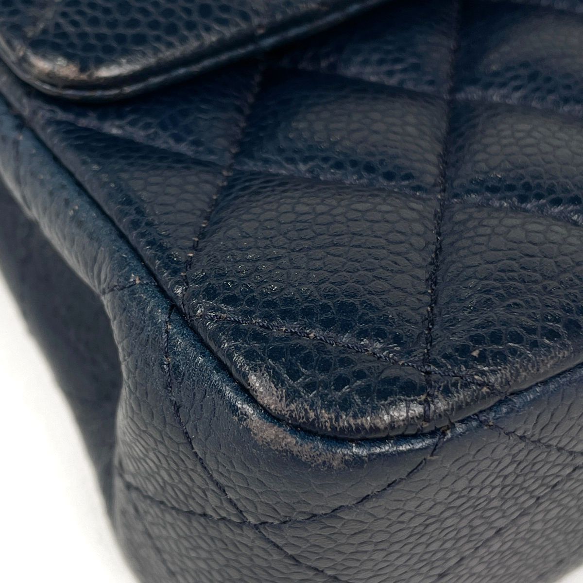 Chanel Quilted Double Flap Chain Shoulder Bag CC Logo Caviar Leather Navy — view 3
