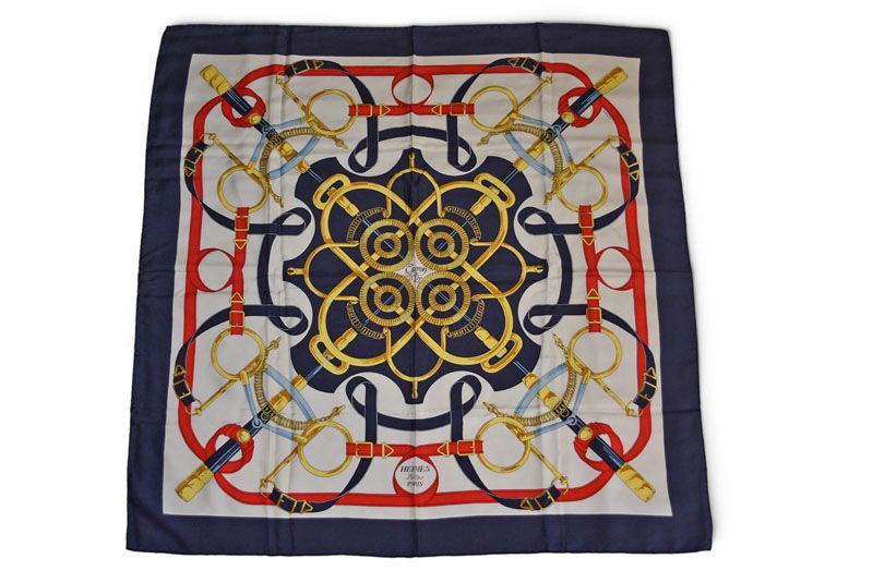 Hermes Carre 90 Scarf Apron Dole Yellow Gold Spurs Vintage Navy White