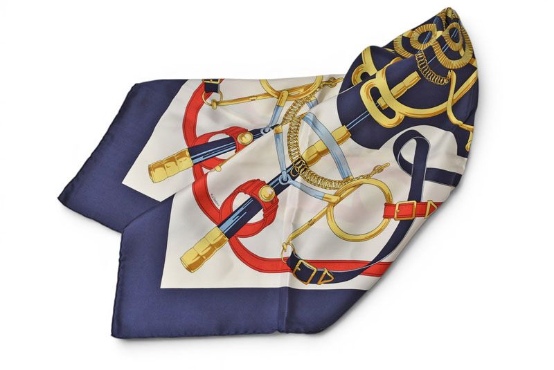 Hermes Carre 90 Scarf Apron Dole Yellow Gold Spurs Vintage Navy White — view 9