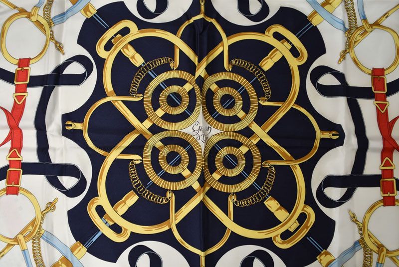 Hermes Carre 90 Scarf Apron Dole Yellow Gold Spurs Vintage Navy White — view 2