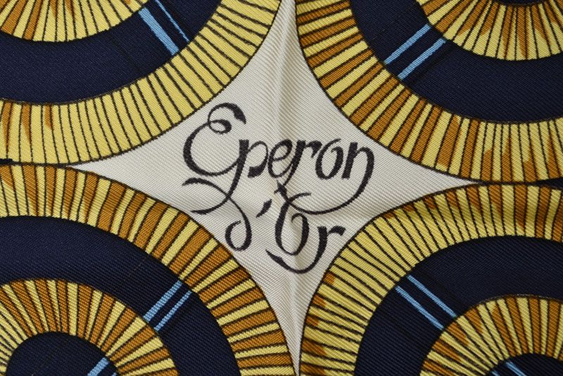 Hermes Carre 90 Scarf Apron Dole Yellow Gold Spurs Vintage Navy White — view 3