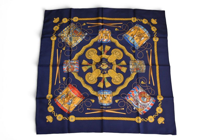 Hermes Carre 90 Scarf les Tambours Taiko Vintage Navy