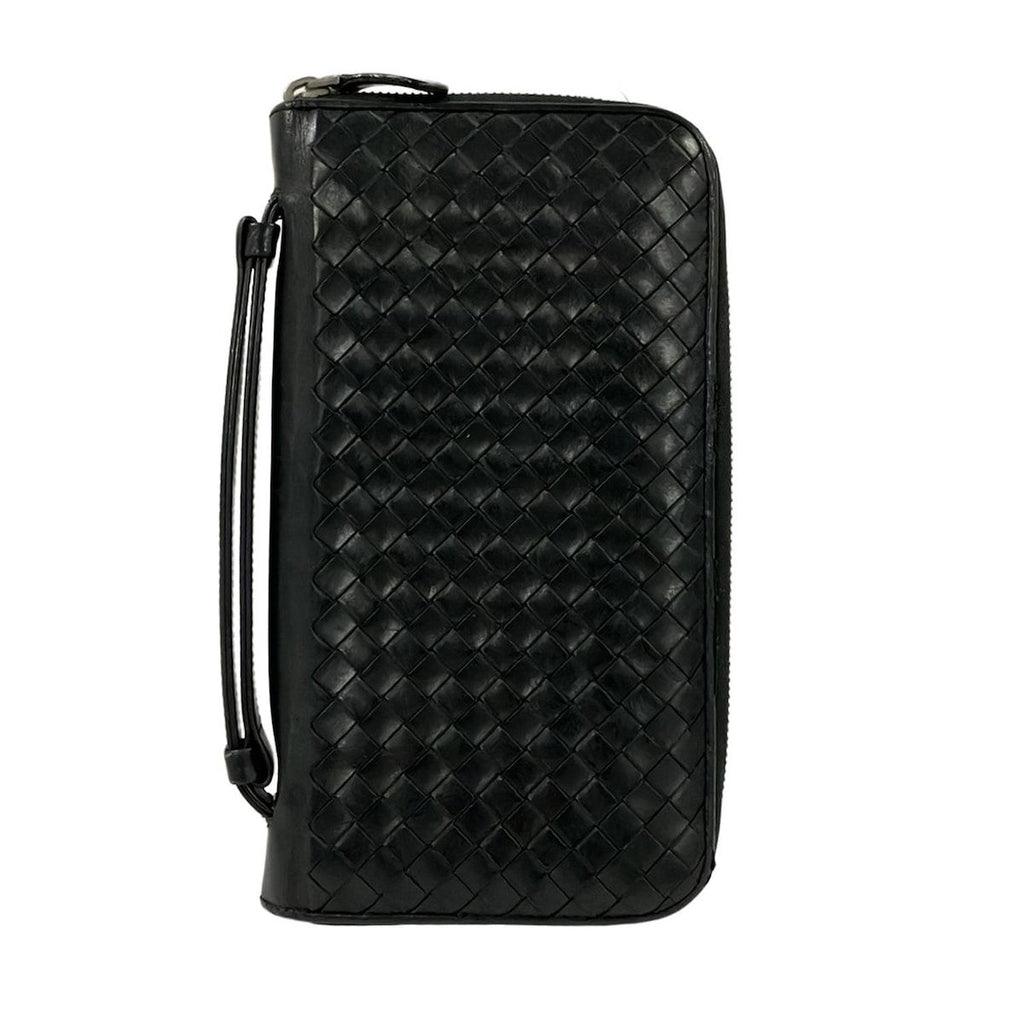 Bottega Veneta Wallet Intrecciato Black Zip Around Leather with Handle