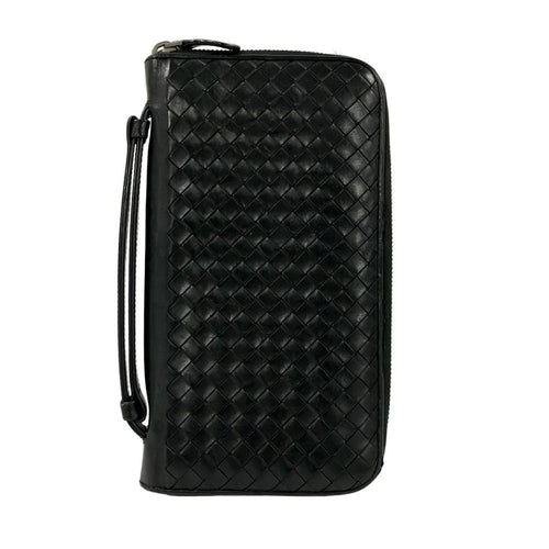 Bottega Veneta Wallet Intrecciato Black Zip Around Leather with Handle