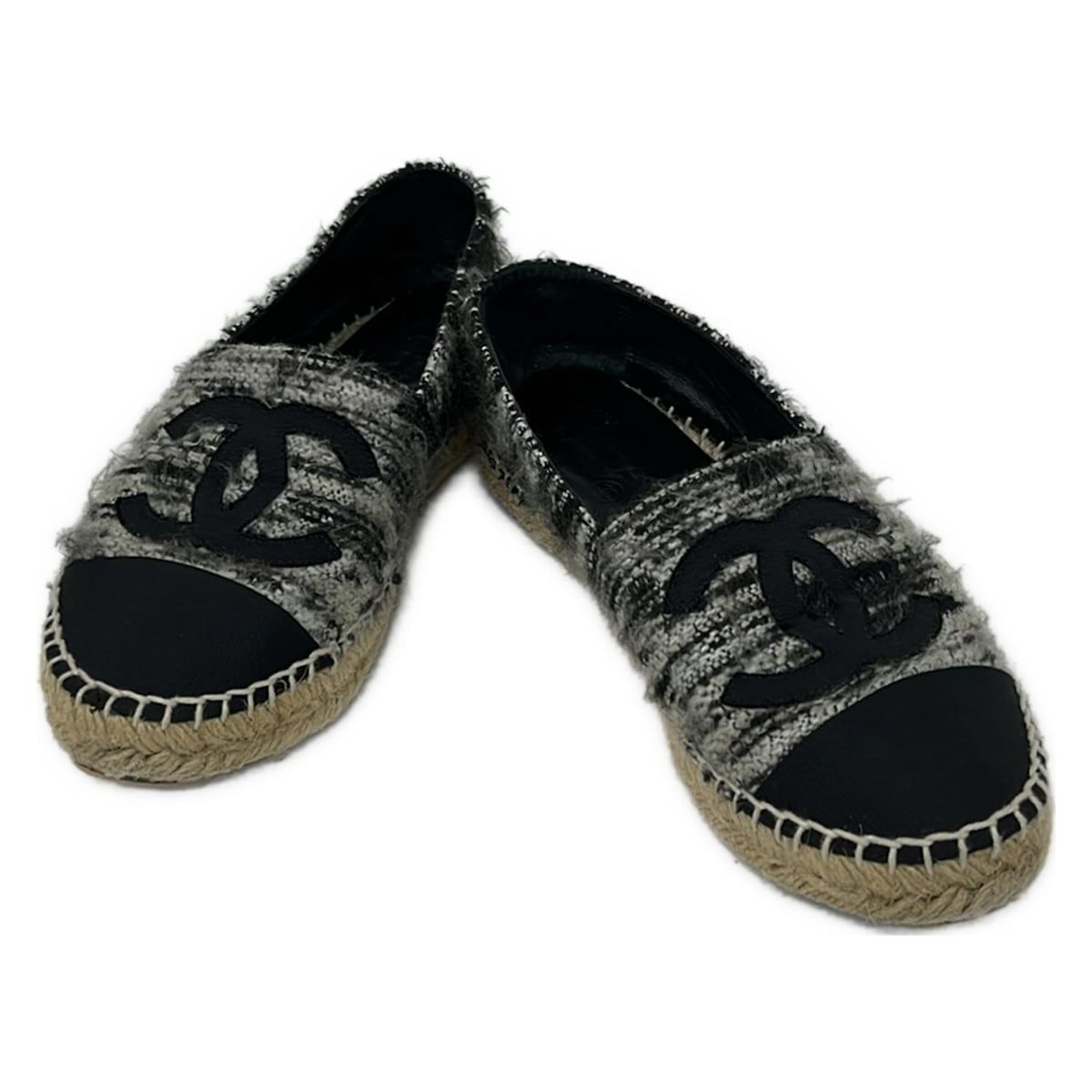 Chanel Slip Ons Black White CC Logo Espadrilles Linen Slipper — view 2