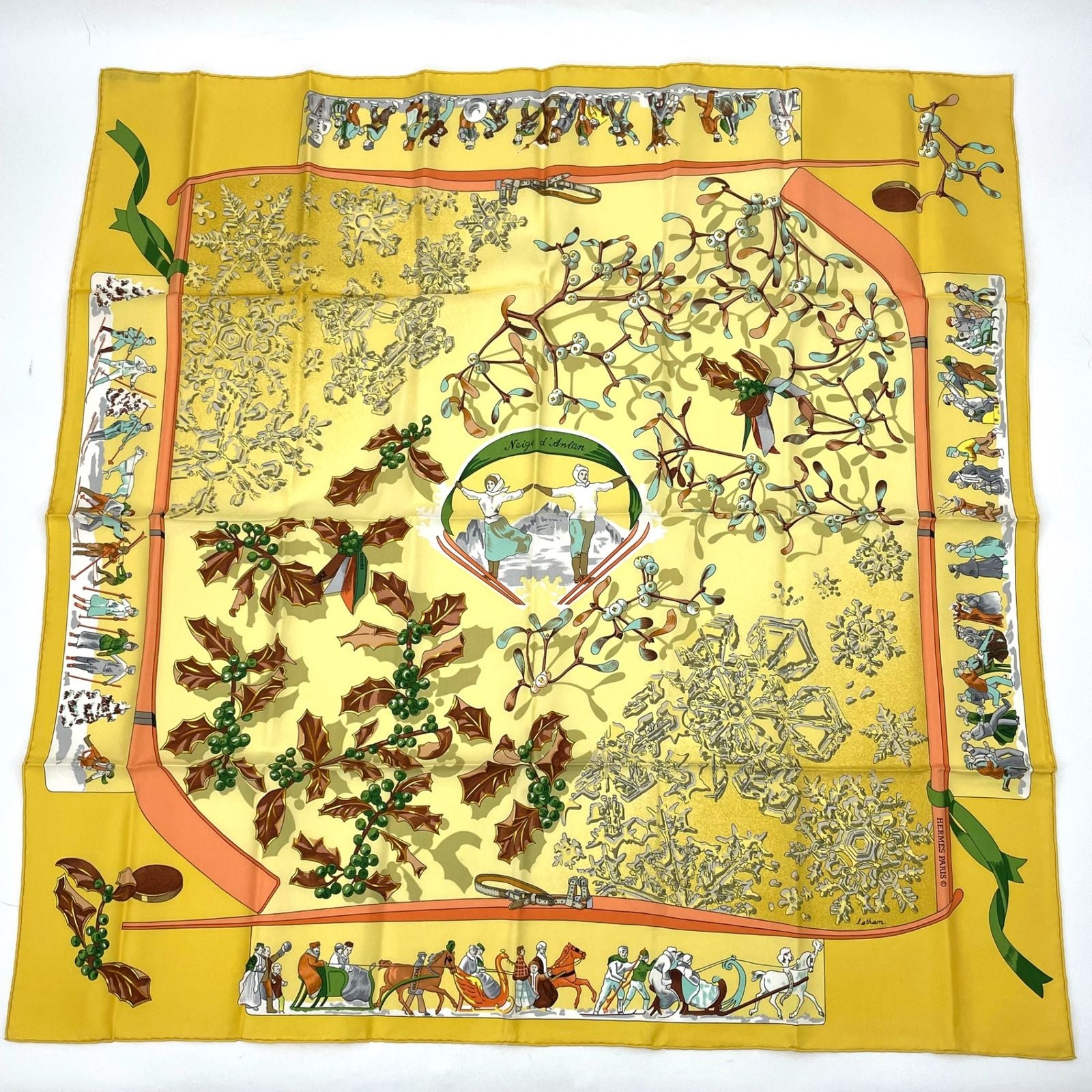 Hermes Carre 90 Neige D'antan Last Year's Snow Yellow Silk 100% Scarf
