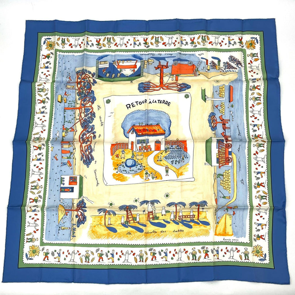 Hermes Carre 90 RE Tour a la Terre Return Silk 100% Scarf Blue
