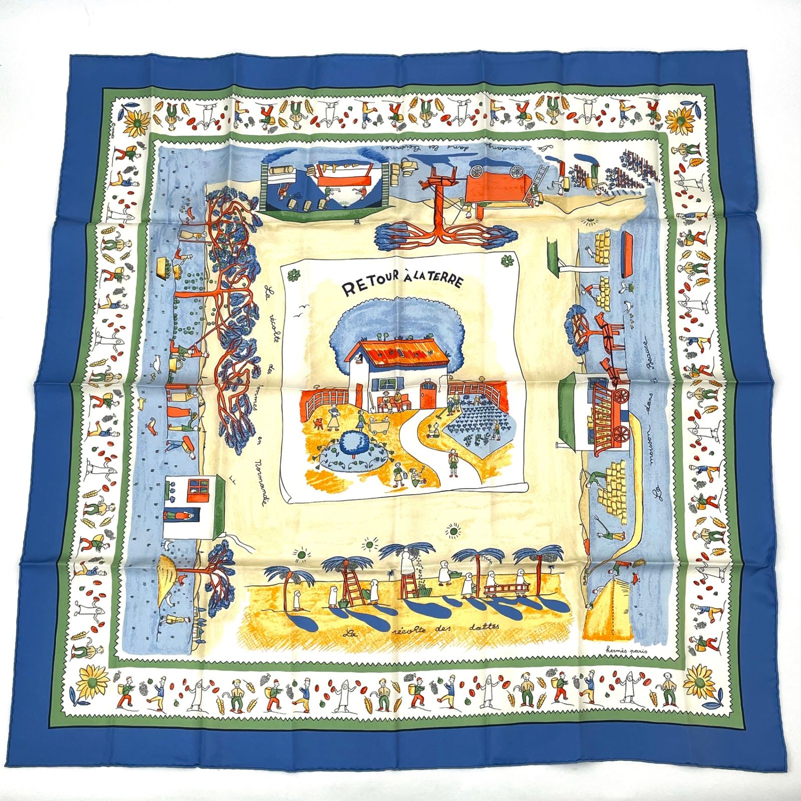 Hermes Carre 90 RE Tour a la Terre Return Silk 100% Scarf Blue