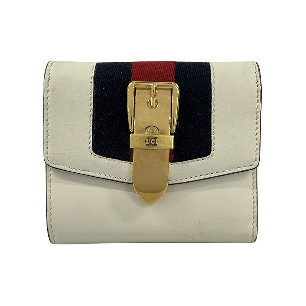 Gucci Trifold Wallet Sylvie Ivory Dark Navy Red Leather
