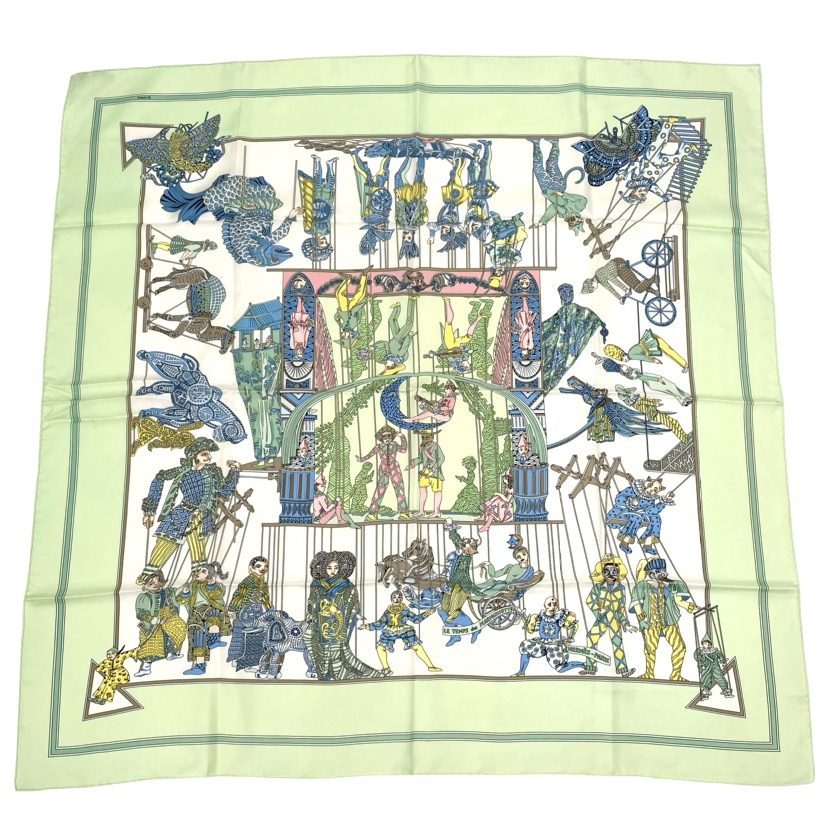 Hermes Carre 90 le Temps Des Marionnettes Marionette Time Silk Scarf Green