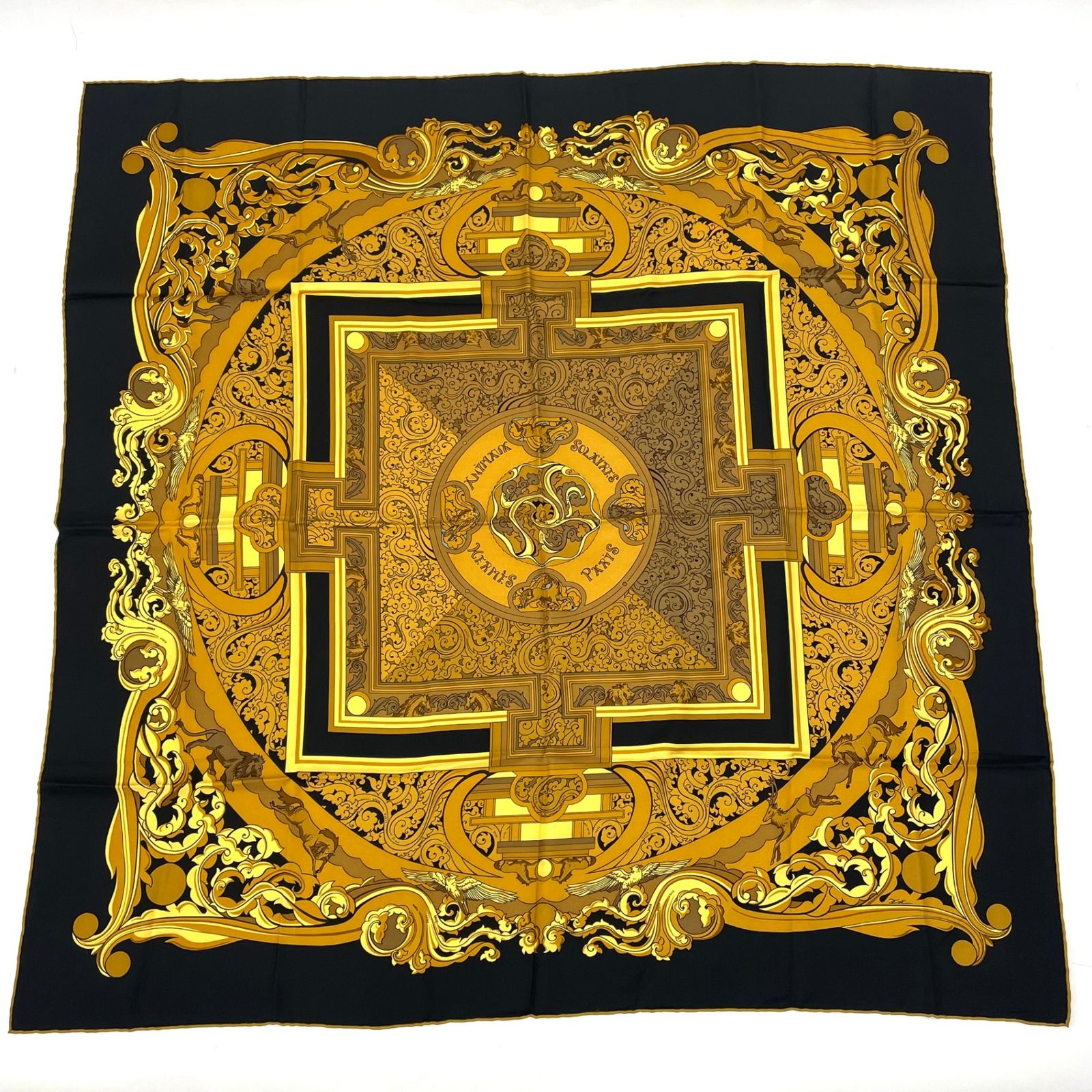 Hermes Carre 90 Animaux Solaires Animals of the Sun Scarf Gold Black
