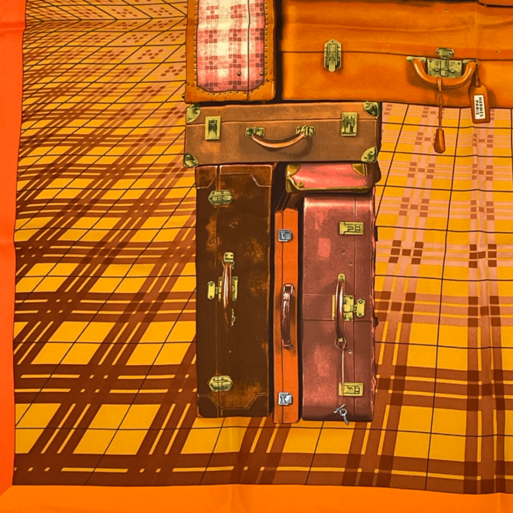 Hermes Silk Scarf en Voyage Traveling Bag Pattern Orange — view 4