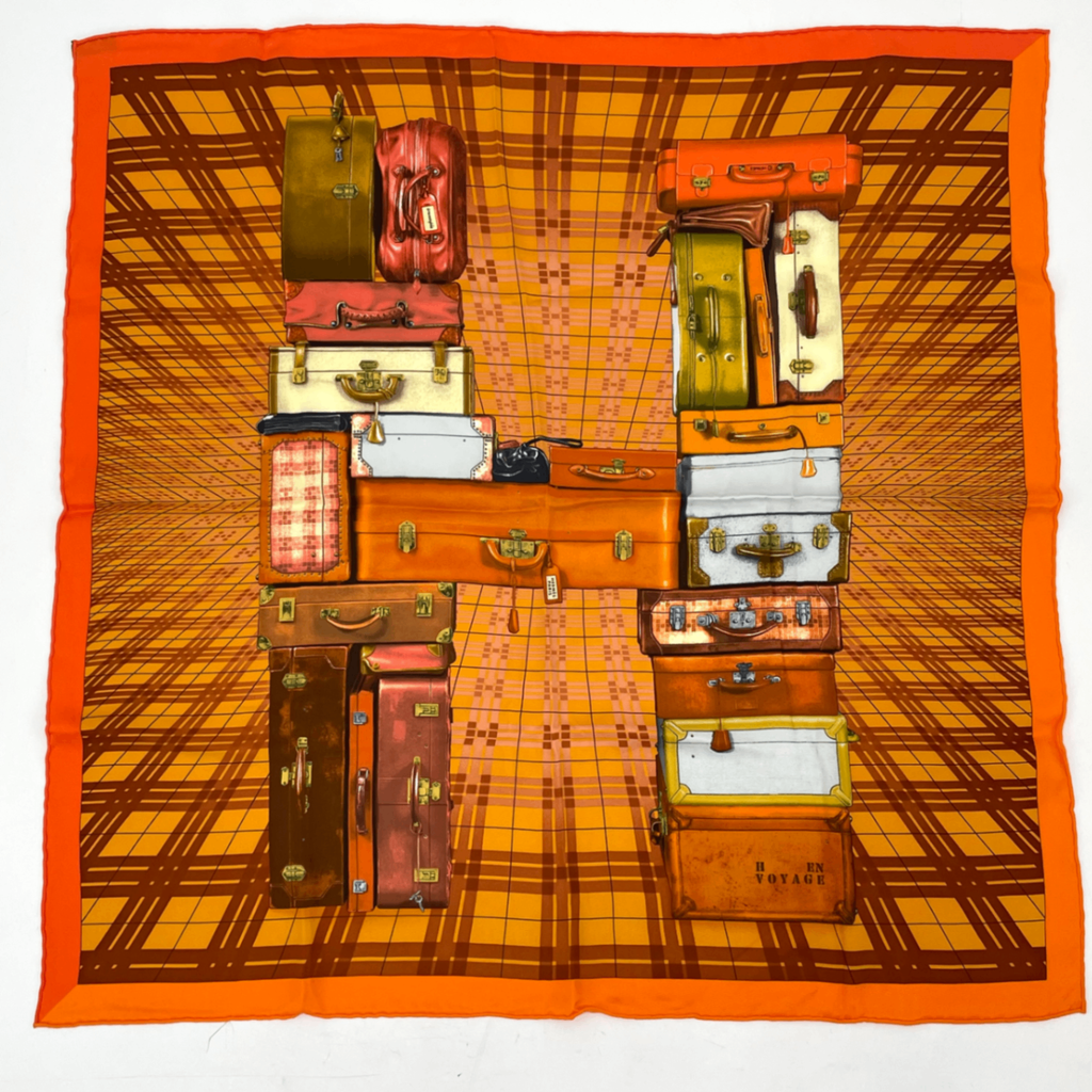 Hermes Silk Scarf en Voyage Traveling Bag Pattern Orange