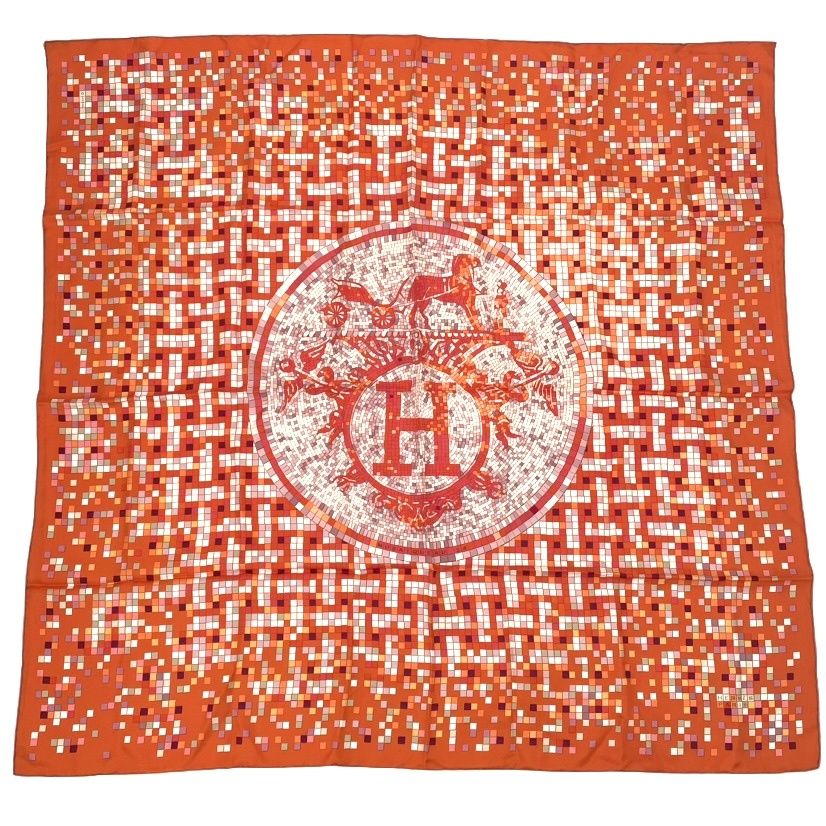 Hermes Scarf Carre 90 Silk Mosaic 24 Horse Pattern Orange Multicolor