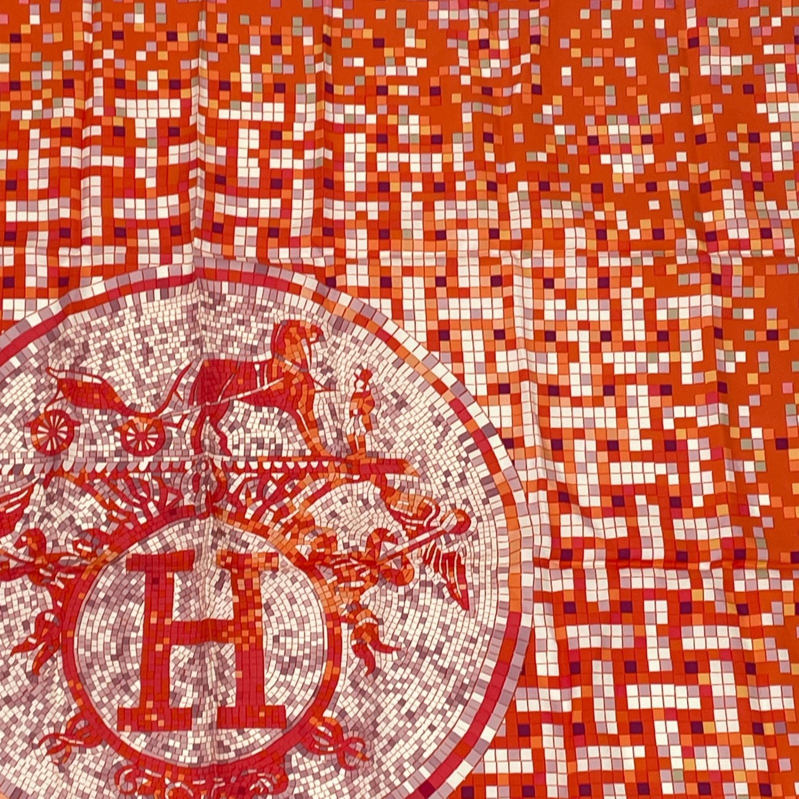 Hermes Scarf Carre 90 Silk Mosaic 24 Horse Pattern Orange Multicolor — view 3