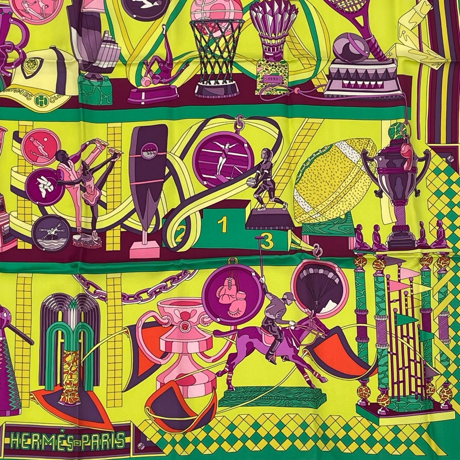 Hermes Carre 90 Scarf Silk les Trophees Trophy Green Yellow — view 5
