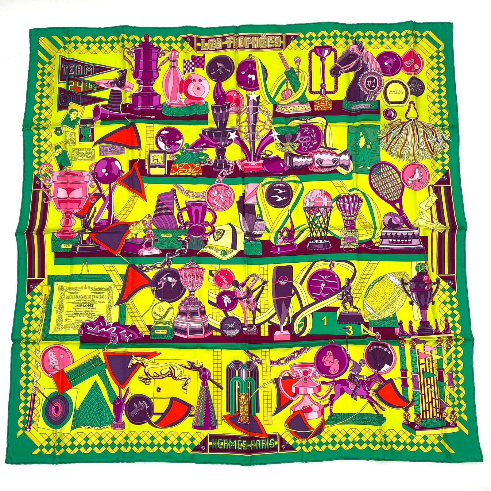 Hermes Carre 90 Scarf Silk les Trophees Trophy Green Yellow