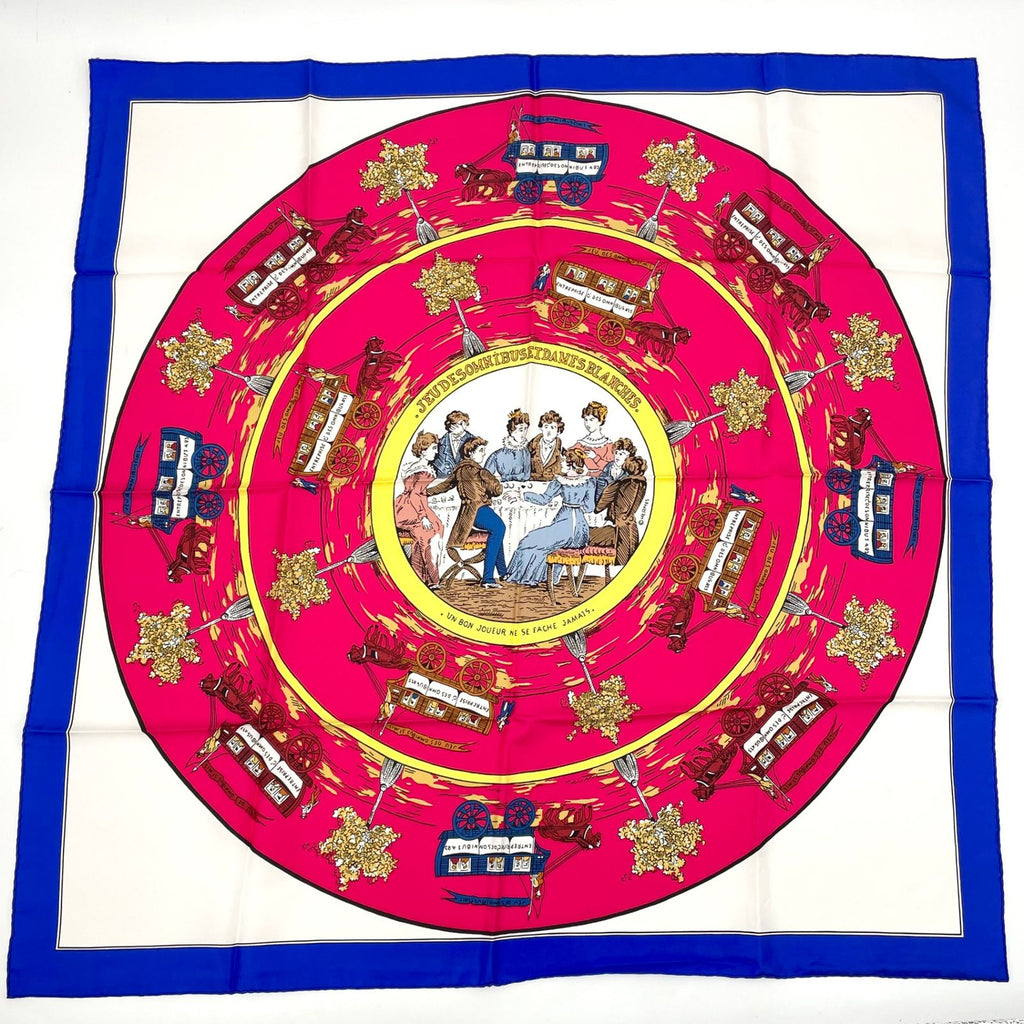 Hermes Scarf Carre 90 Jeu Des Omnibus Et Dames Blanches and Game Silk Blue