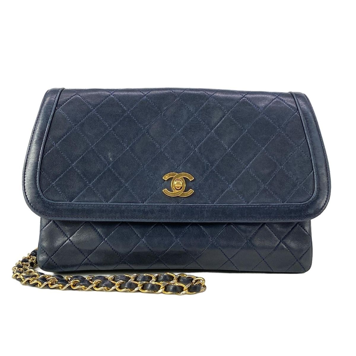 Chanel Shoulder Bag Quilted Navy Chain Gold Lambskin