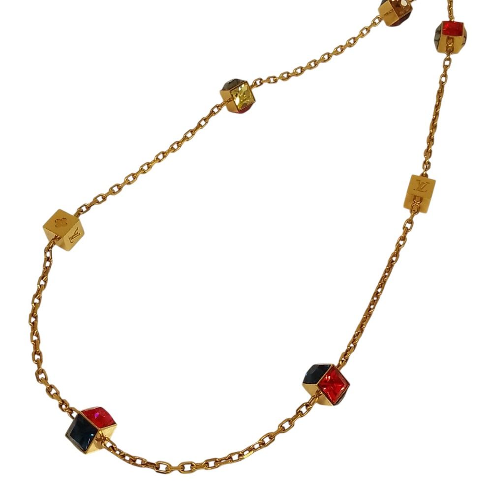 Louis Vuitton Collier Gamble Cube Motif Chain Necklace Gold Color Pre Owned