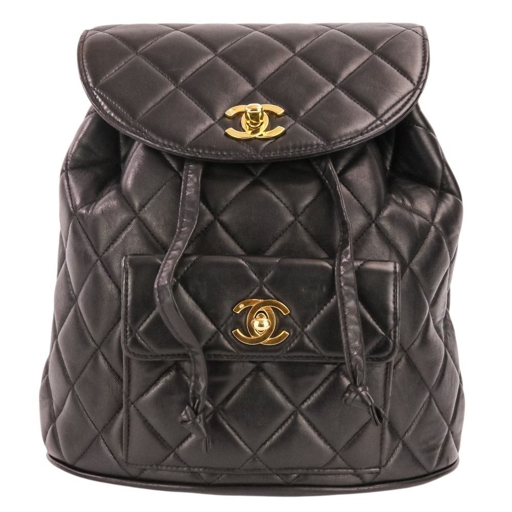 Chanel Vintage Quilted Lambskin Chain Shoulder Turnlock Backpack Black Pre Owned