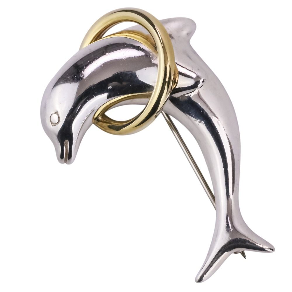 Tiffany & Co Dolphin Brooch Silver Gold Pre Owned
