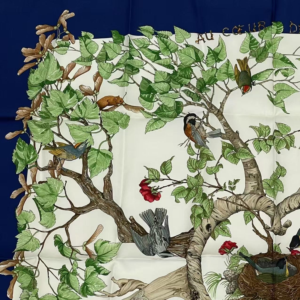 Hermes Carre 90 Coeur Des Bois in the Woods Navy Silk 100% Scarf — view 2