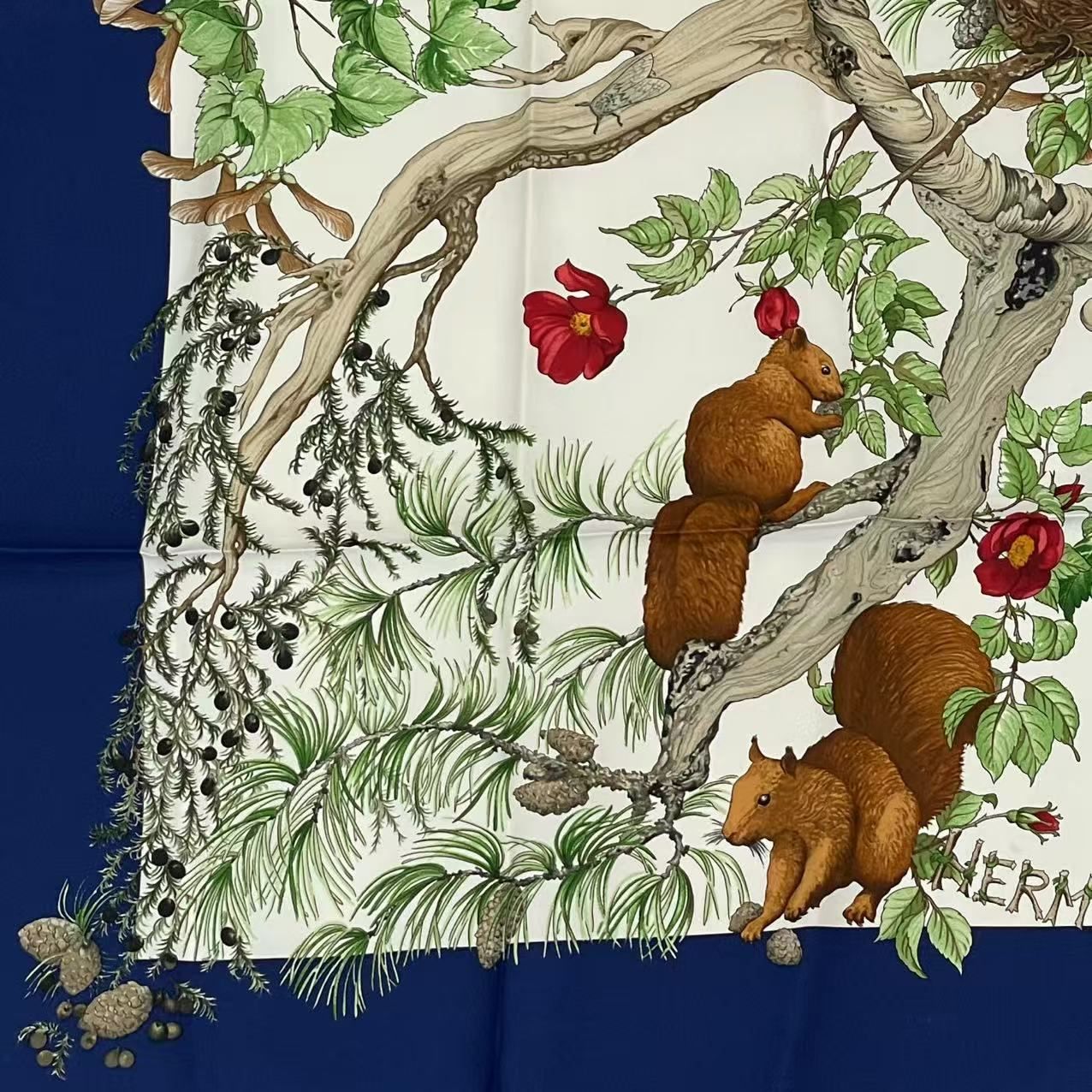 Hermes Carre 90 Coeur Des Bois in the Woods Navy Silk 100% Scarf — view 4