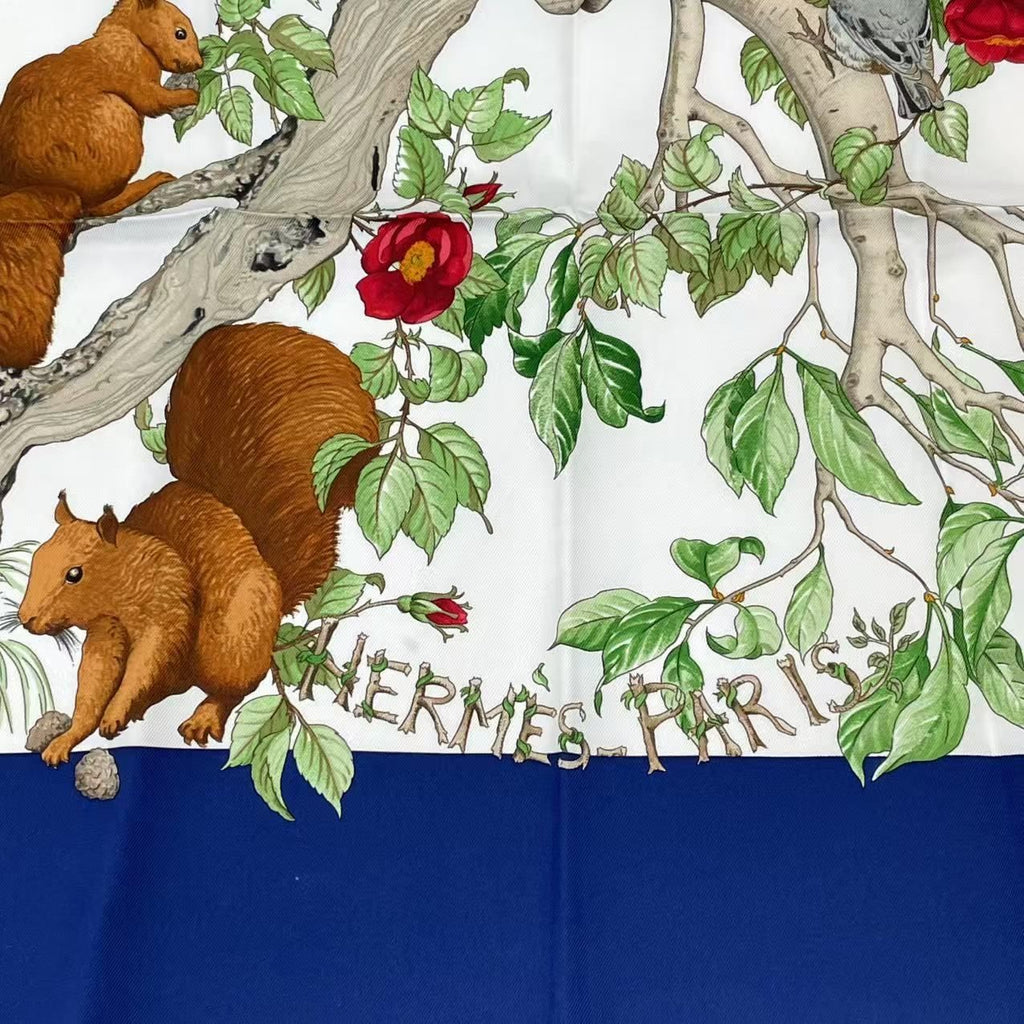 Hermes Carre 90 Coeur Des Bois in the Woods Navy Silk 100% Scarf — view 5