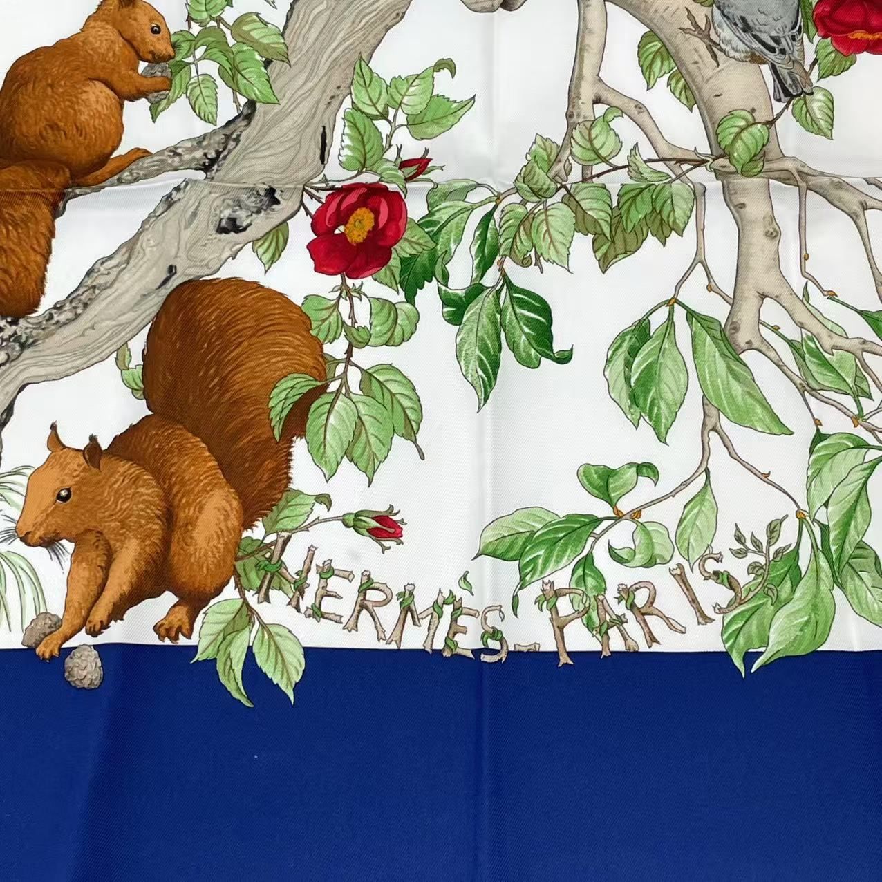 Hermes Carre 90 Coeur Des Bois in the Woods Navy Silk 100% Scarf — view 5