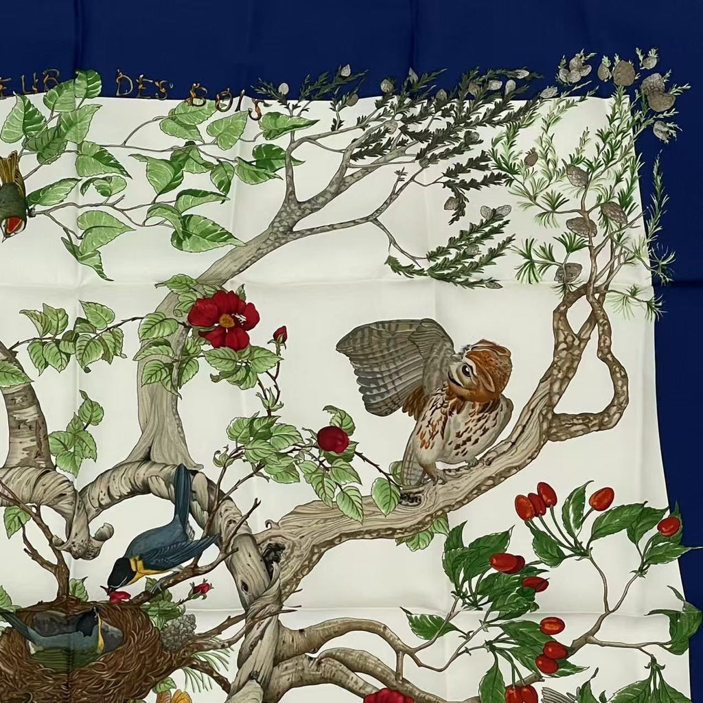 Hermes Carre 90 Coeur Des Bois in the Woods Navy Silk 100% Scarf — view 3